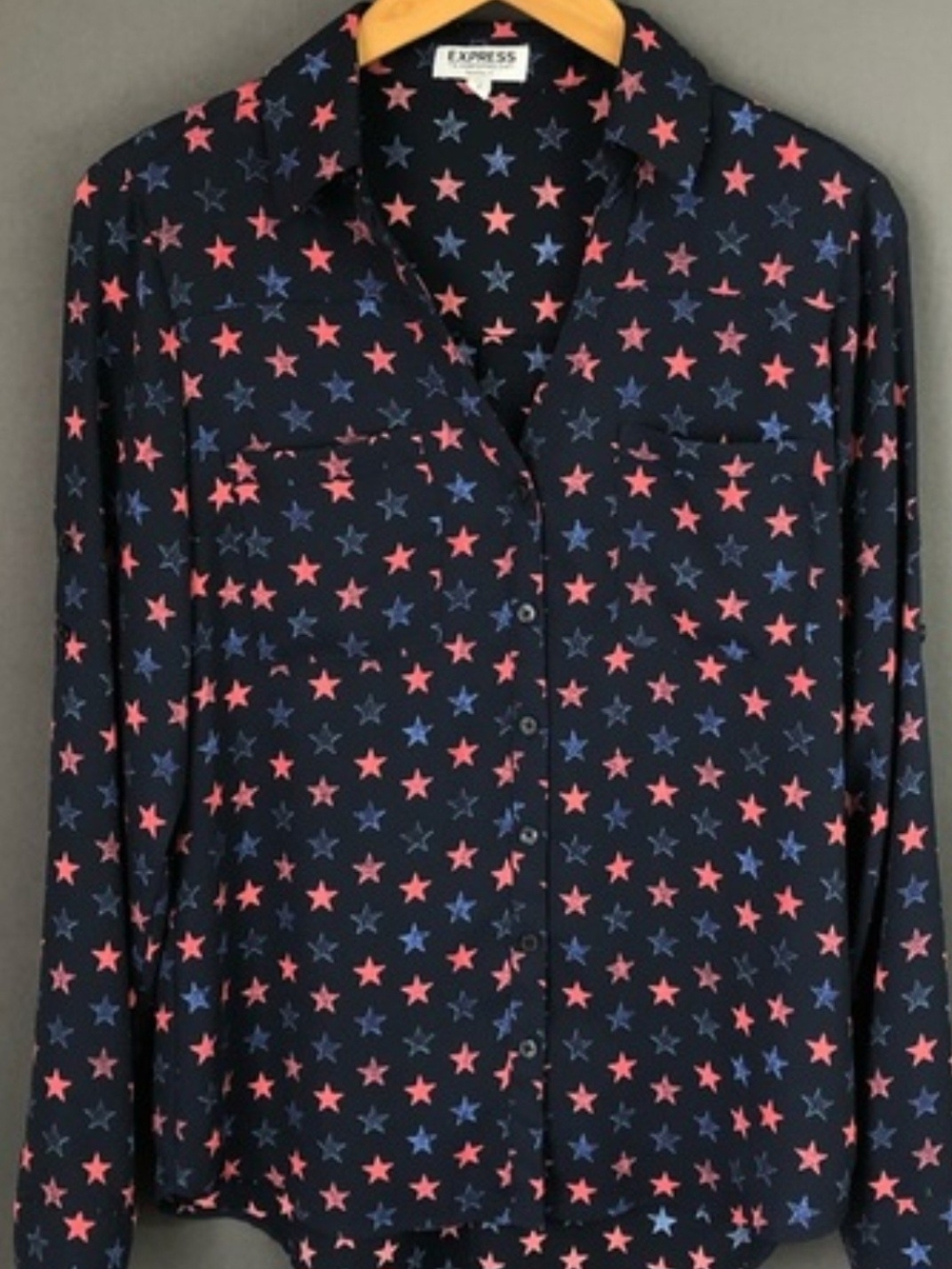 ISO Express Navy Button-Up Blouse with Pink & Blue Star Print